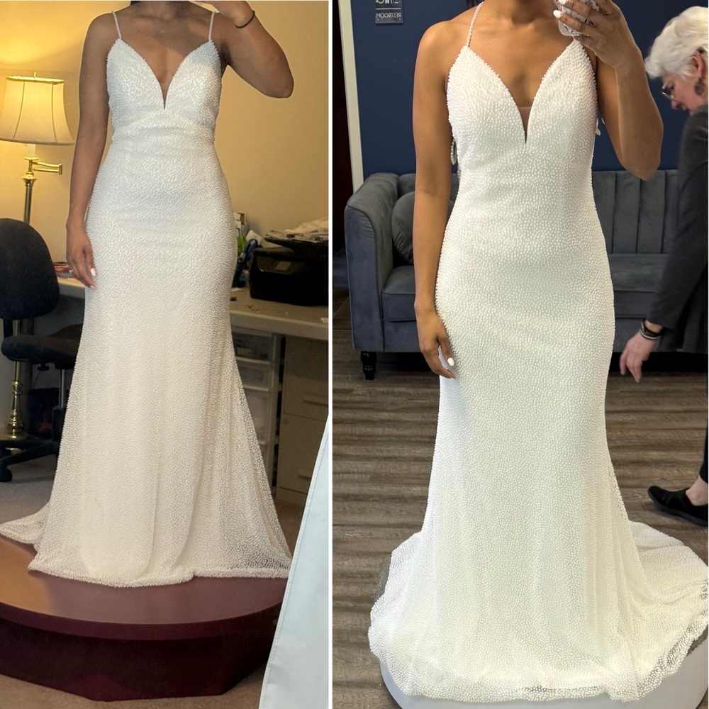 Adrianna Papell Ivory All Over Micro Pearl Wedding Gown Sleeveless Plunge